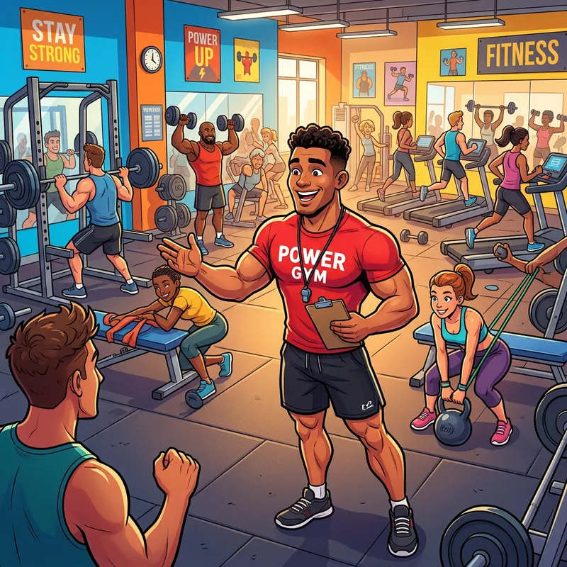 Vibrant Cartoon Fitness Trainer in Action