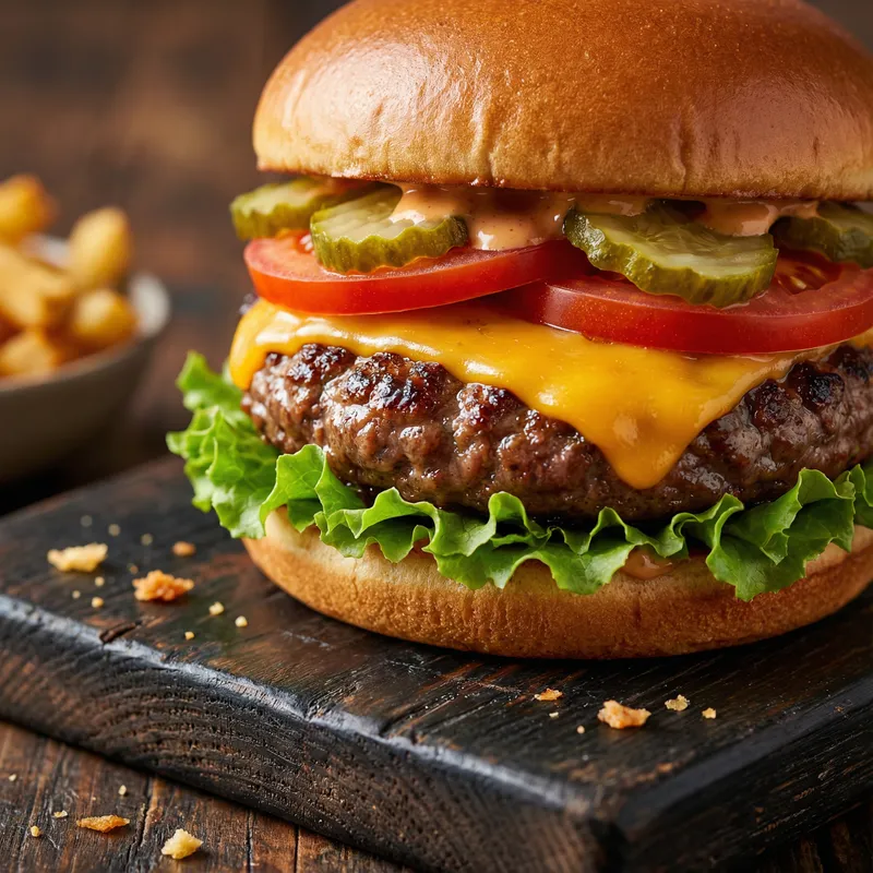 Captivating Burger on Wooden Table | Vibrant Food Photography Captivating Burger on Wooden Table | Vibrant Food Photography