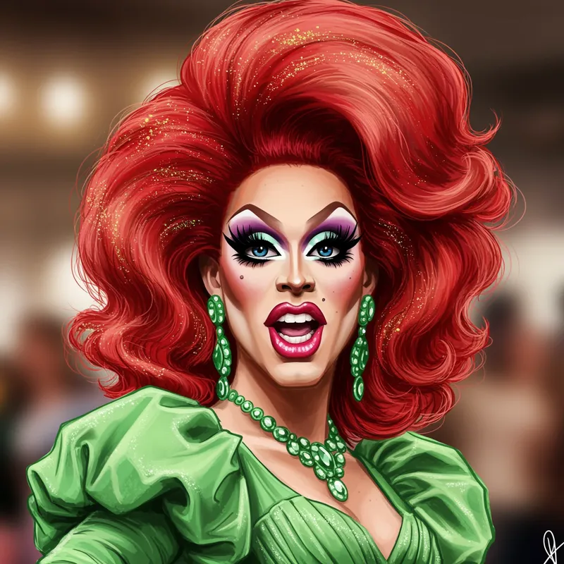 Funny Drag Queen Caricature in Green Dress