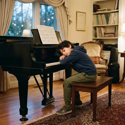 Peaceful Middle-Eastern Boy Sleeping Next to Grand Piano