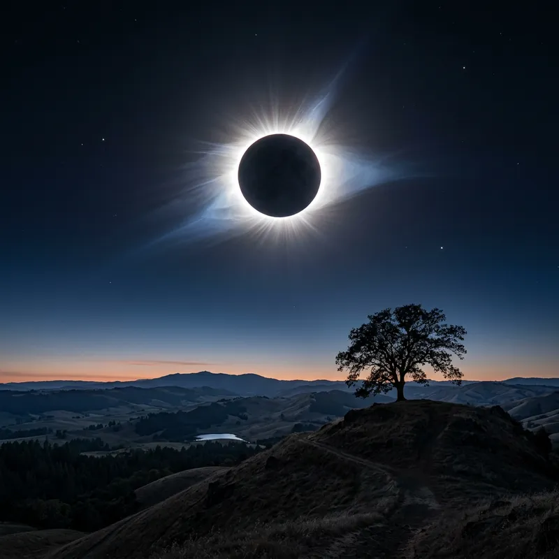 Majestic Solar Eclipse with Radiant Halo over Rolling Hills Majestic Solar Eclipse with Radiant Halo over Rolling Hills