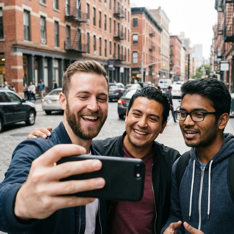 Diverse Group of Happy Men Taking a Selfie | Street Scene Diverse Group of Happy Men Taking a Selfie | Street Scene