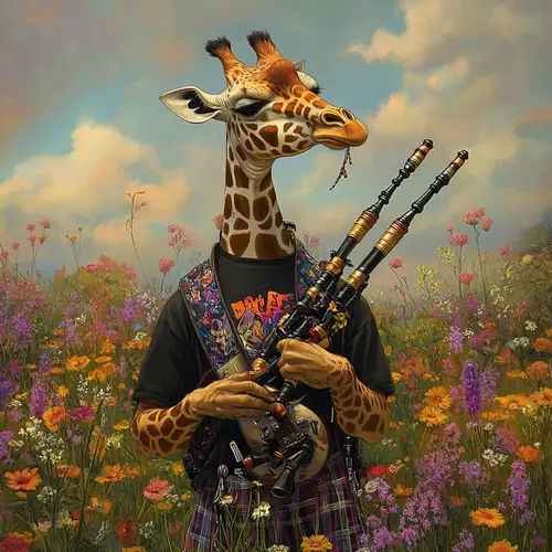 Giraffe in Death Metal Shirt Playing Bagpipes