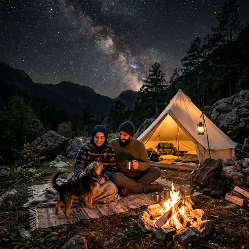 Middle-Eastern Couple Camping under Starlit Sky with Dog