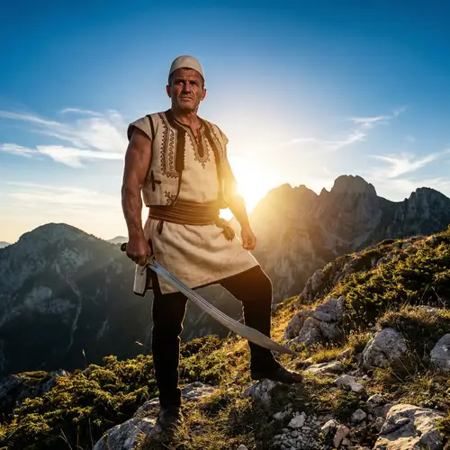Albanian Warrior in Traditional Garb | Mountainous Terrain Background