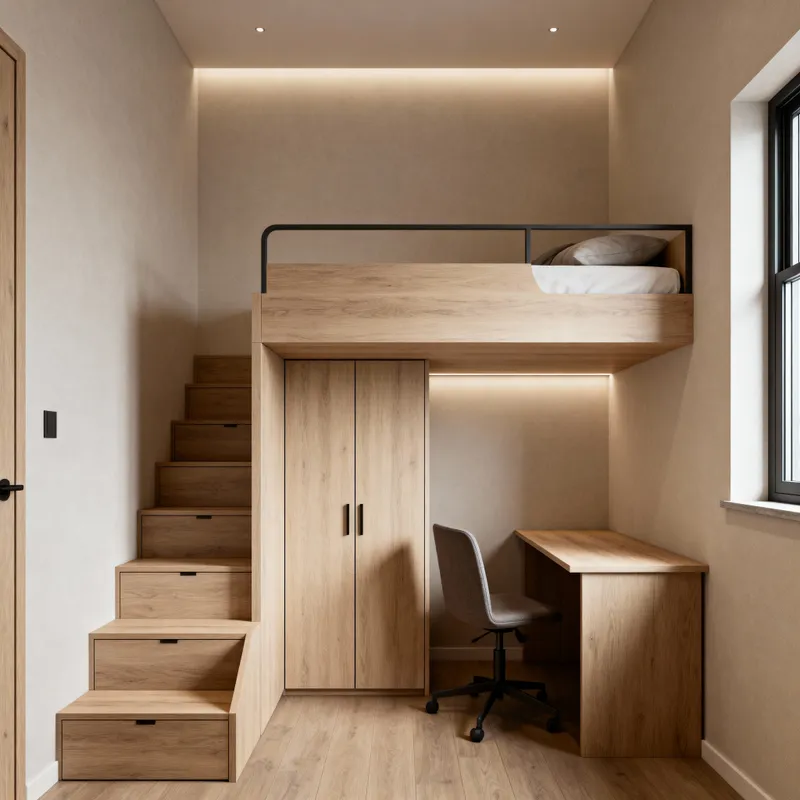 Small Loft Bed with Steps and Cabinets