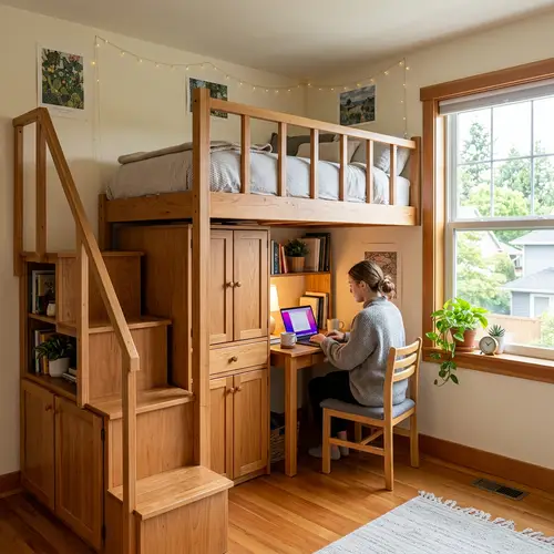 Small Loft Bed with Steps and Cabinets