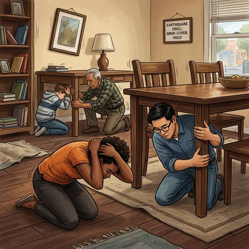 Earthquake Safety Procedure: Drop, Cover, and Hold Illustration