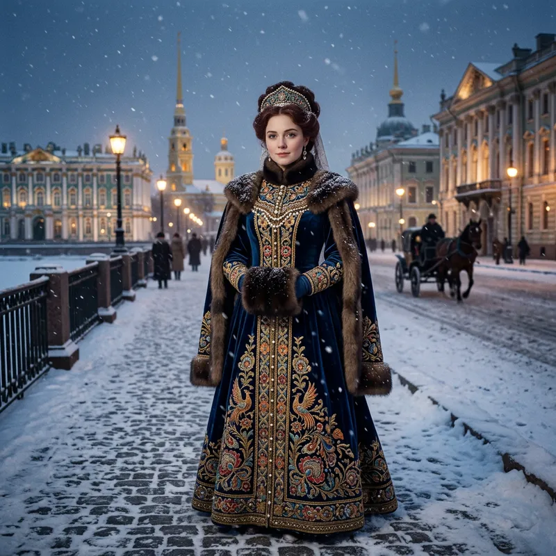 Lady in Russian Folklore Evening Dress in Winter Saint Petersburg