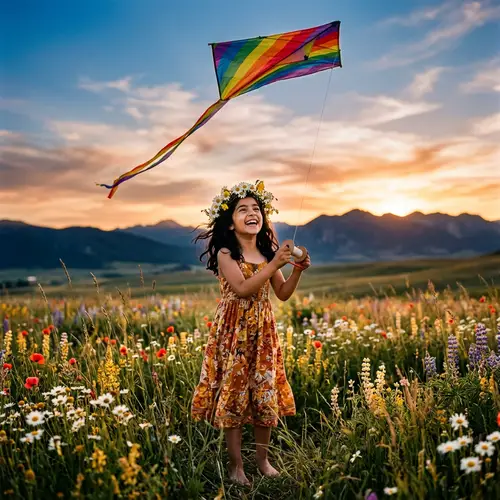 Young Middle-Eastern Female with Rainbow Kite - Joyful Meadow Scene