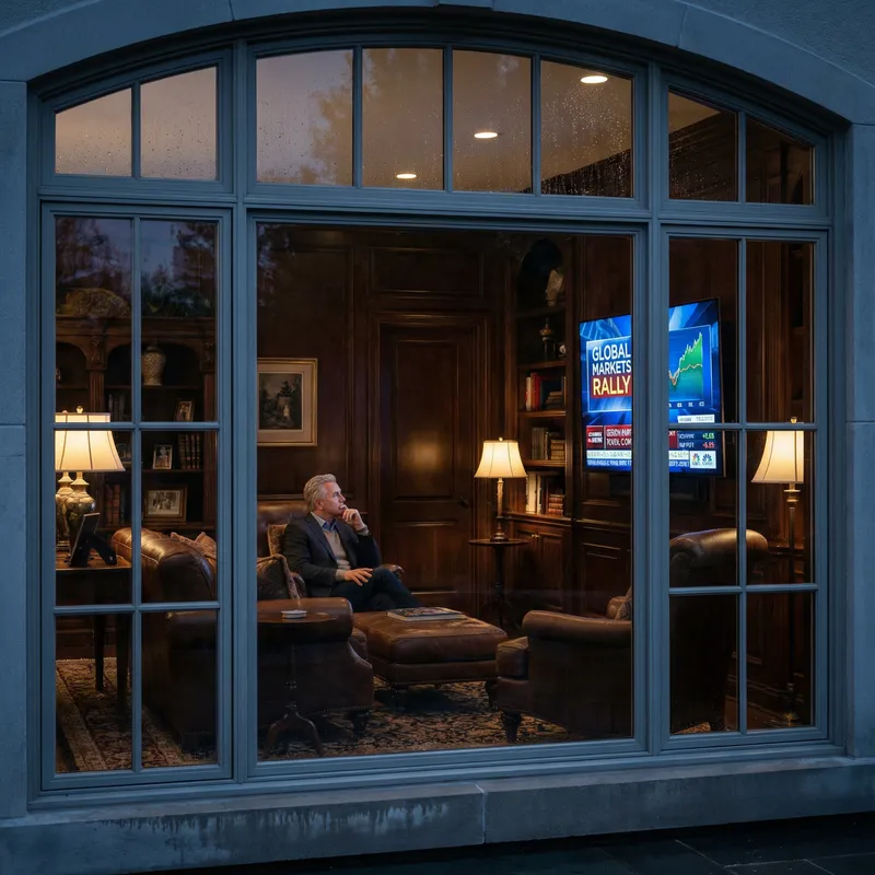 Elegant Window View: Wealthy Man Engrossed in News on Big Screen TV