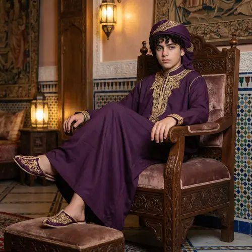 13-Year-Old Middle Eastern Boy in Traditional Arab Costume on Lavish Throne