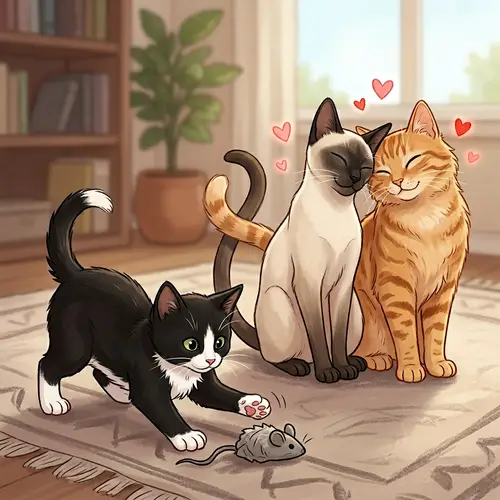 Adorable Tuxedo Kitten and Affectionate Sisters Illustration