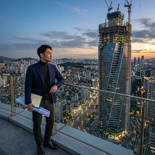 Asian Male Architect Overlooking Skyscraper Project