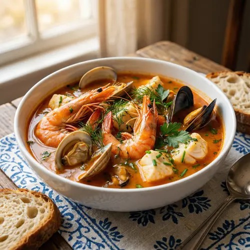 Delicious Seafood Soup - Fresh Shrimps, Clams & Mussels