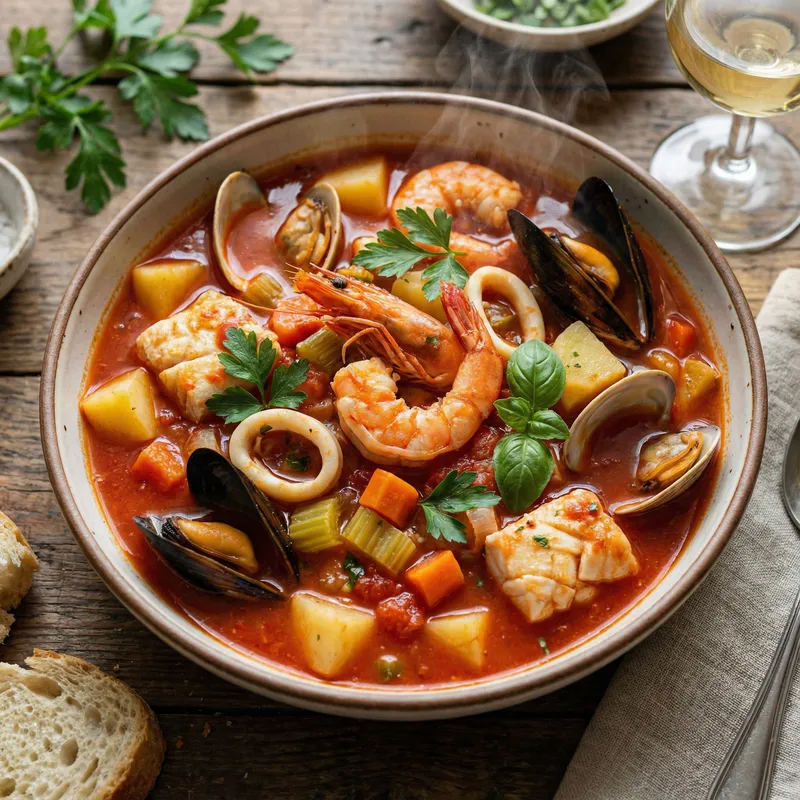Delicious Seafood Soup in Bowl - 8k Resolution | Rustic Setting
