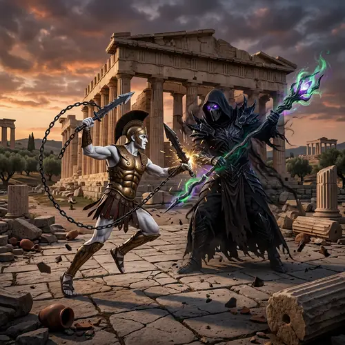 Epic Battle of Mythical Deities: Warrior vs. Darkness