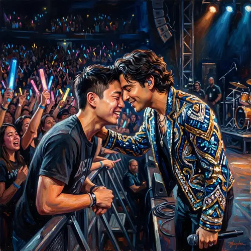 Intimate Moment: Young Asian Fan & Latino Singer Painting