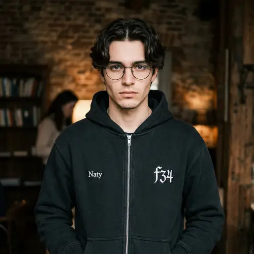 Handsome Caucasian Boy with Dark Brown Hair and Circular Glasses
