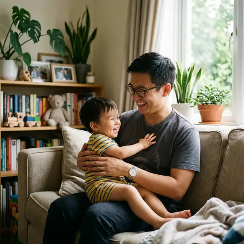 Asian Young Father in T-Shirt with Glasses