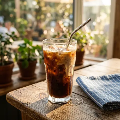 Refreshing Iced Coffee in Tall Glass with Metal Straw