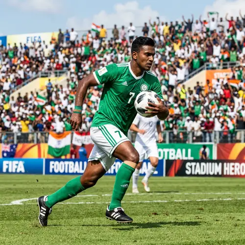 Determined South Asian Man Playing Football on Grassy Field