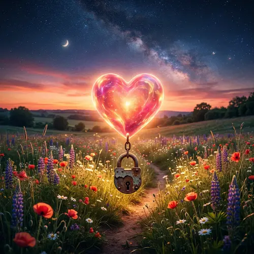 Ethereal Love Scene with Glowing Heart and Rusty Lock