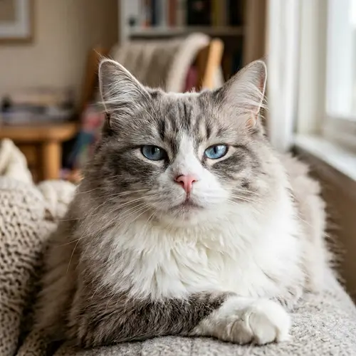 Fluffy Gray and White Domestic Cat with Sky-Blue Eyes