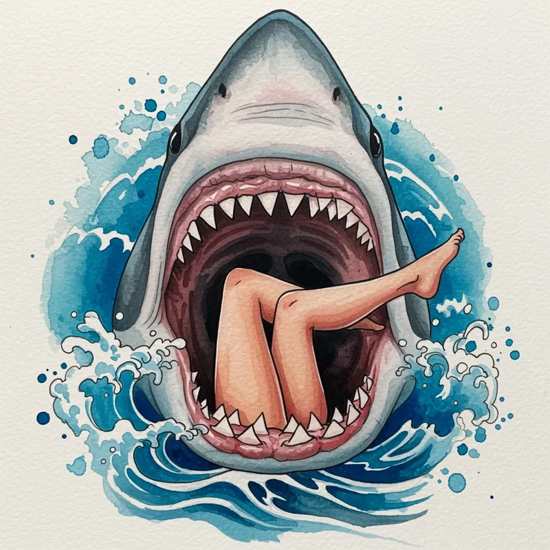 Watercolor Tattoo: Legs in Shark's Mouth Design