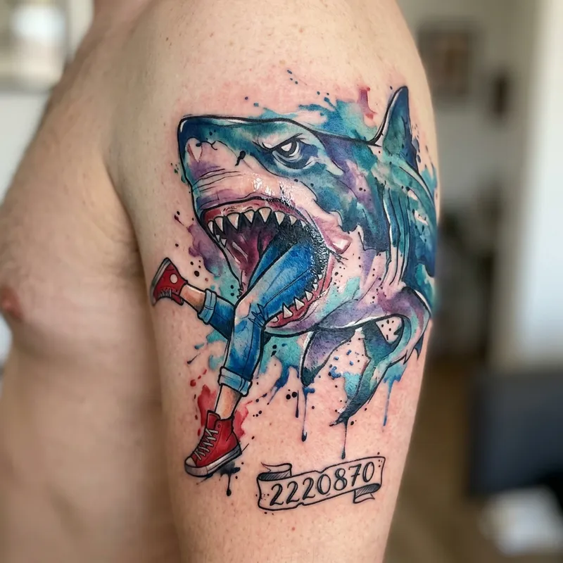 Watercolor Tattoo: Legs in Shark's Mouth Design