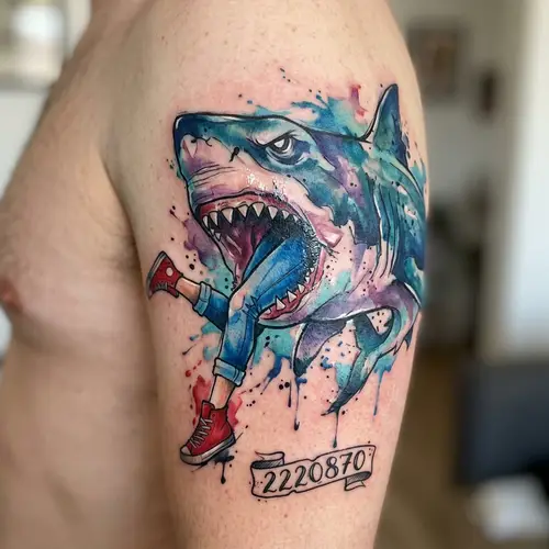 Watercolor Tattoo: Legs in Shark's Mouth Design
