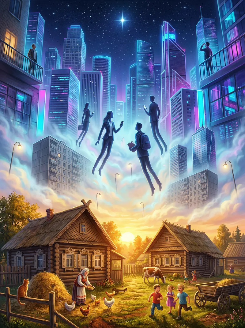 Surreal Village to City Transition Art Poster