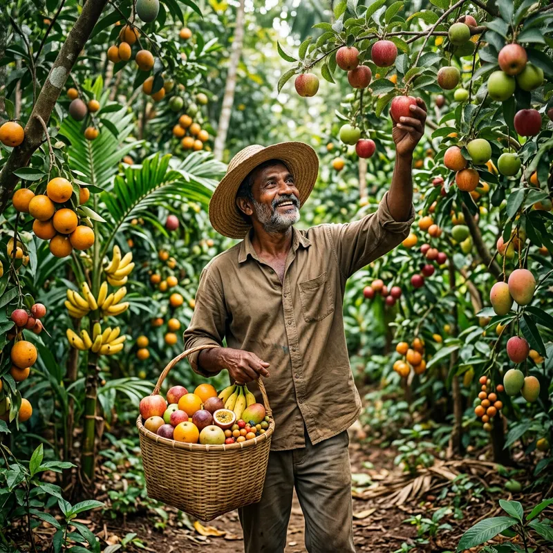 Fruit Gatherer in a Lush South Asian Forest