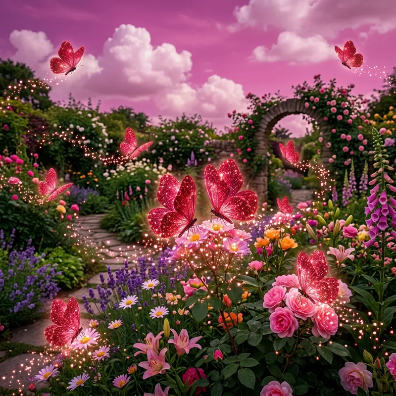 Butterfly Kisses: Glowing Love Hearts in a Romantic Garden Scene