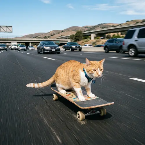 Cat Skateboarding on High-Speed Highway
