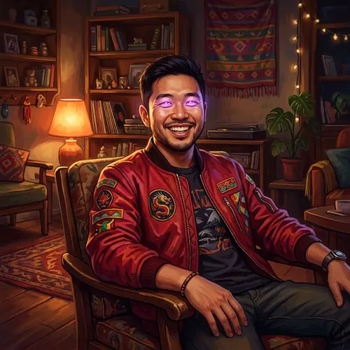 Colorful Asian Man in Vibrant Red Jacket Sitting in Dimly-Lit Room