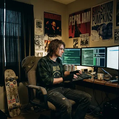 Skilled Hacker 'Kurt' in Grunge Style Coding Environment