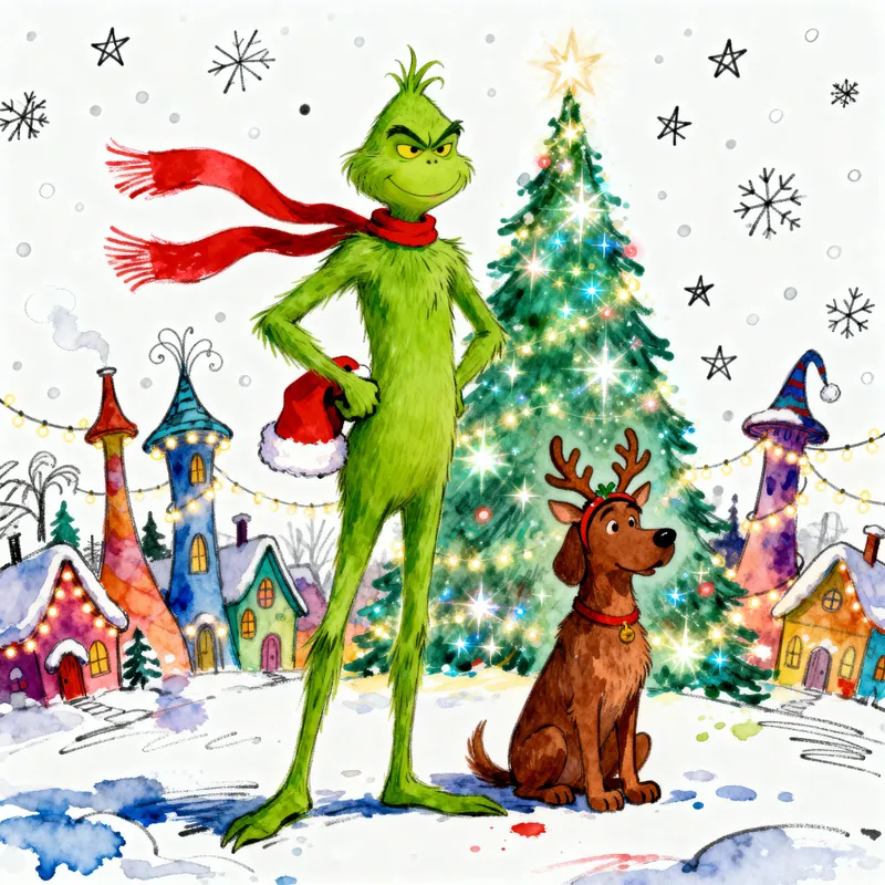 Mischievous Green Christmas Creature Illustration
