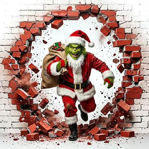 The Grinch in Santa Claus Outfit Breaking Through Wall