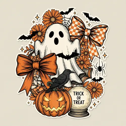 Vintage Halloween Ghost Illustration - Retro Sticker Art