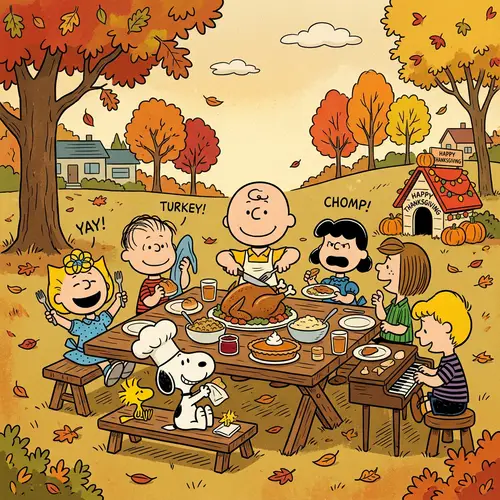 Cute Retro Thanksgiving Cartoon Art - Peanuts Inspired