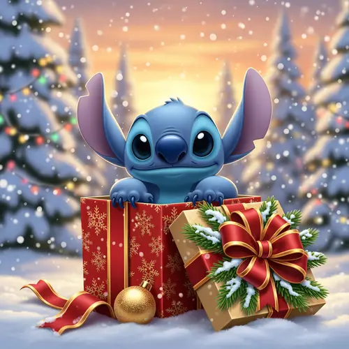 Stitch Peeking from a Christmas Gift Box