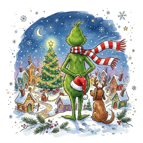 Mischievous Green Christmas Creature Illustration