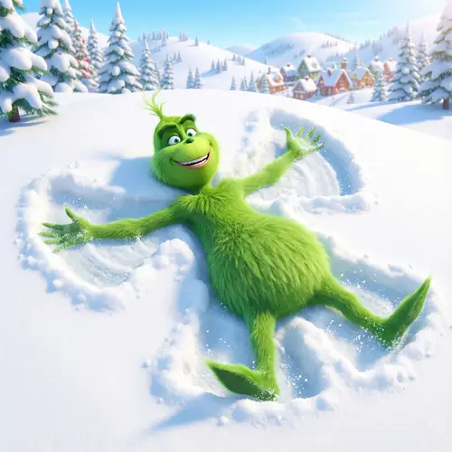 The Grinch Making Snow Angels in Adorable Pixar Style