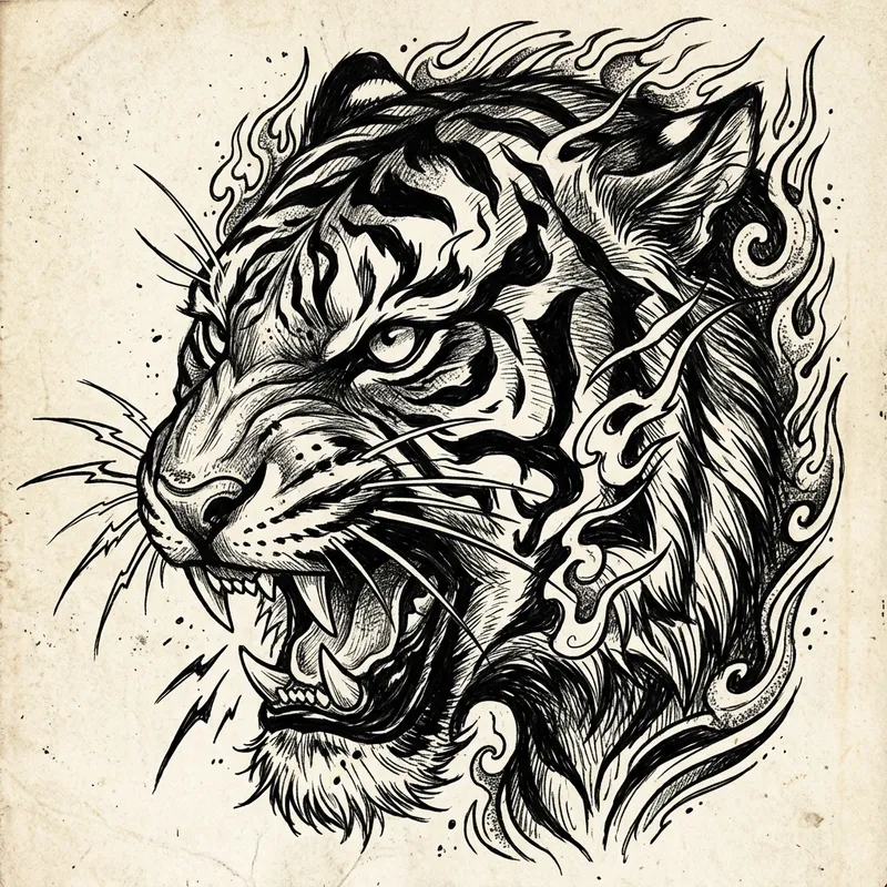 Abstract Tiger Face Drawing | Tattoo Art Style