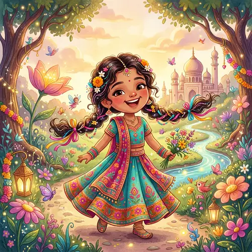 Whimsical South Asian Girl Illustration with Vibrant Colors