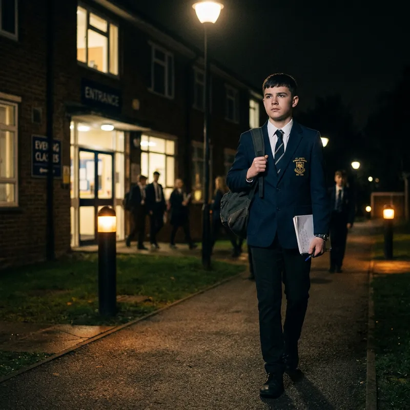 Serious Teenager in School Uniform Attending Night Classes