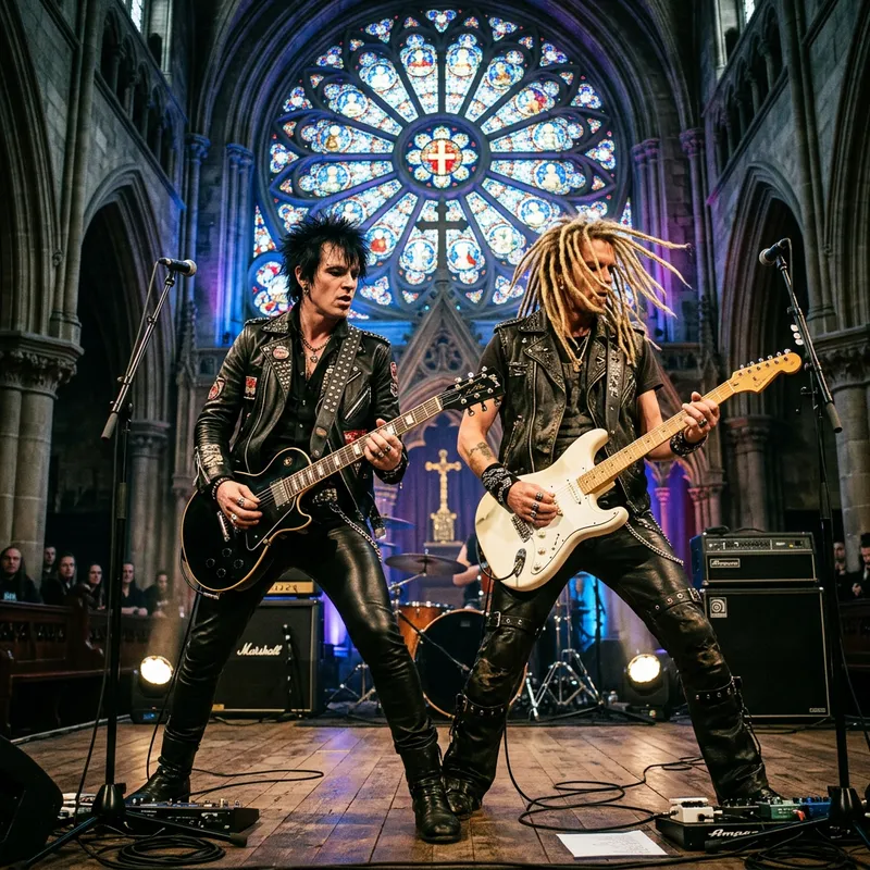 Male Rockstars Playing Guitars in Gothic Church with Dramatic Stage Presence