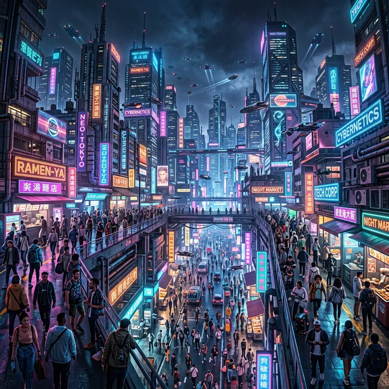 Neon Cyberpunk Cityscape | Vibrant Skyscrapers & Urban Life