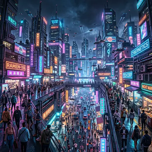 Futuristic Cyberpunk Cityscape | Neon-Lit Skyscrapers & Urban Life